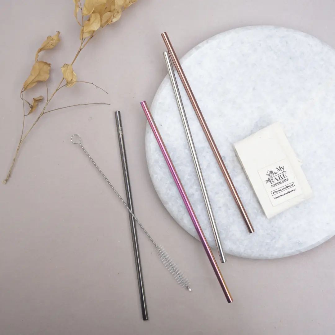 Family Straw Kit - 4 Reusable Food Grade Stainless Steel Straws & Cleaning Brush